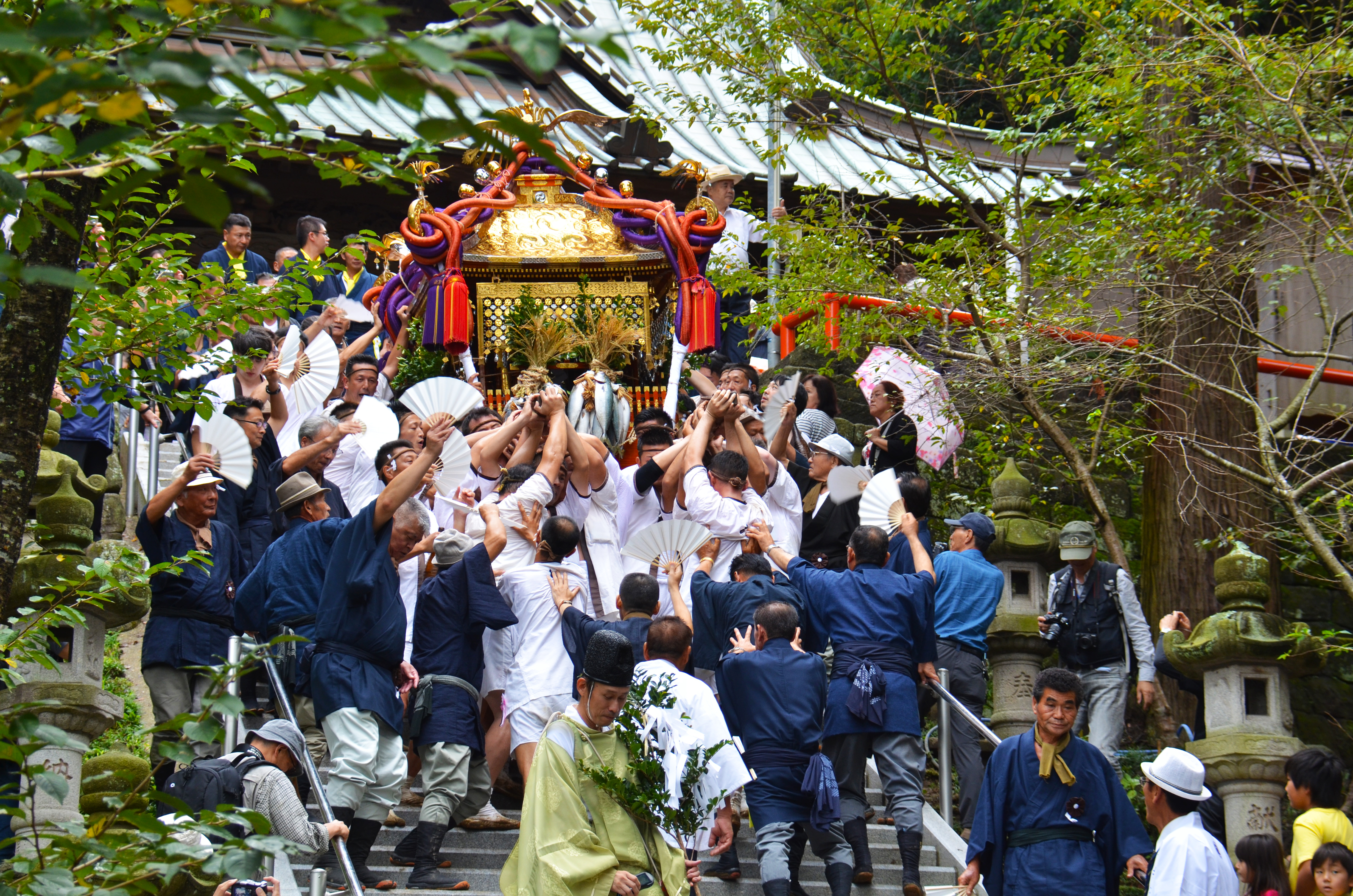 ミヤイデの様子。神輿を担ぎ、吾妻神社の急な石段を降る。