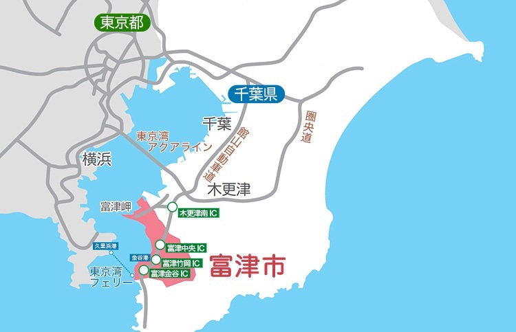 東京から富津市までの地図