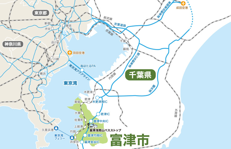 東京から富津市までの地図